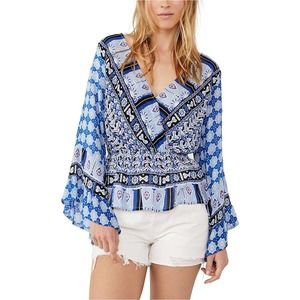 Free People Rosalie Indigo Combo Blue Printed Faux Wrap Top Blouse Size S Boho